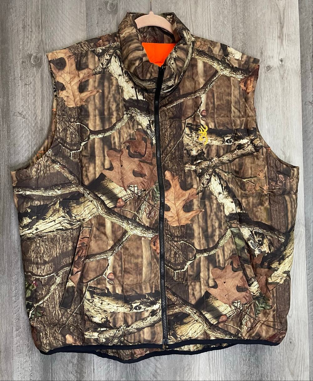Browning Mens XL Reversible Down Hunting Vest Mossy Oak Camo Blaze Orange